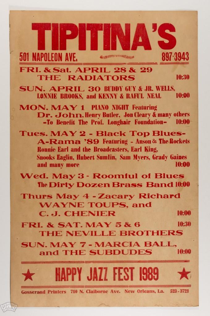 1989 Buddy Guy Jazz Fest Tipitina's Cardboard Poster: This poster advertised a string of performances at the historic New Orleans venue Tipitina's during the 1989 Jazz Fest. Performers included Buddy Guy, Junior Wells, Marcia Ball, the Neville Brothe