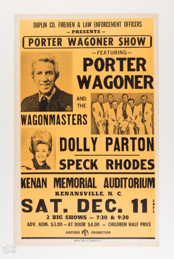 1971 Dolly Parton & Porter Wagoner Cardboard Poster: This cardboard poster advertised Dolly Parton and Porter Wagoner at the Kenan Memorial Auditorium in Kenansville, NC on December 11 1971. The Porter Wagoner show was a weekly syndicated television pro