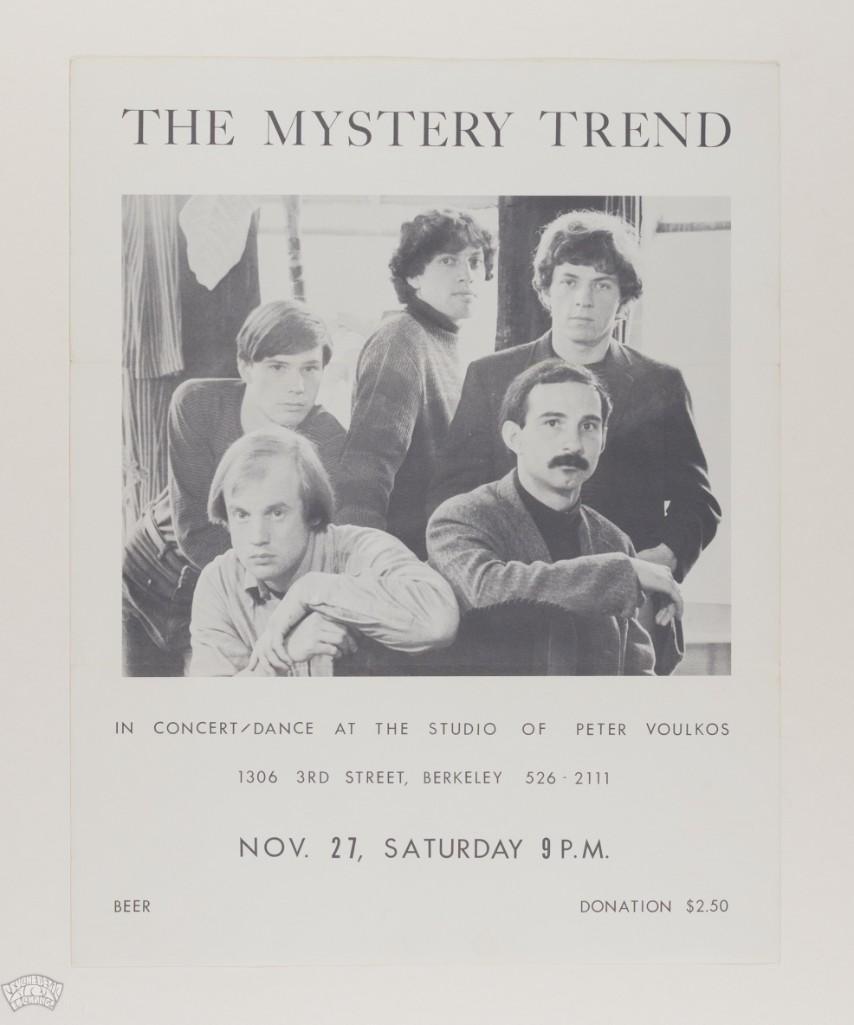 1965 AOR-2.273 The Mystery Trend Berkeley Poster: This early, relatively rare original poster was produced for an appearance by The Mystery Trend at the studio of Peter Voulkos in Berkeley during November of 1965. The Mystery Trend was a short lived,