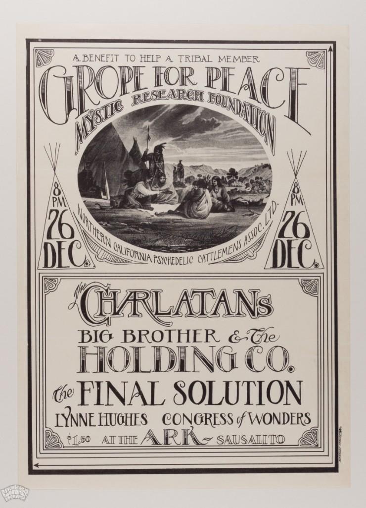 1966 AOR 2.130 Charlatans Big Brother The Ark Poster: This scarce image for the December 1966 Grope for Peace was designed by the legendary Stanley Mouse. The show was held at The Ark in Sausalito, and featured The Charlatans and Big Brother & The Ho