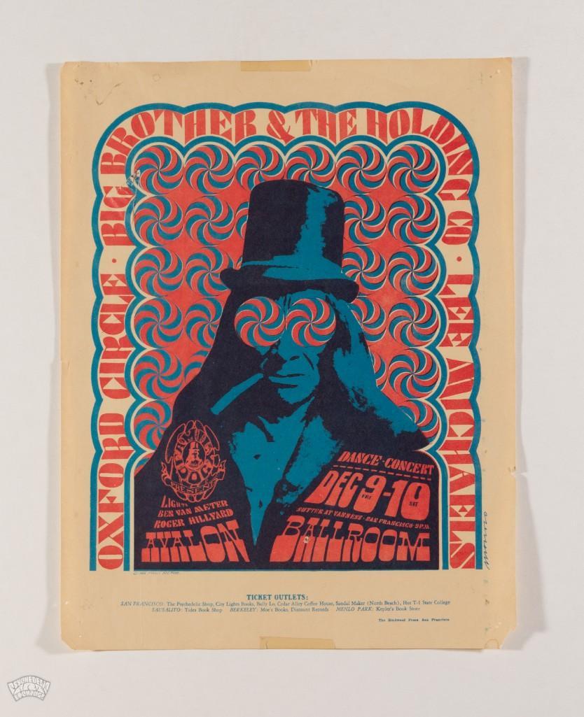1966 FD-38 Big Brother Avalon Handbill: This handbill by Victor Moscoso is at the top of the list of the artist's contributions to the Avalon Ballroom/Family Dog series. It was an early experiment by the artist in the use of opposing co