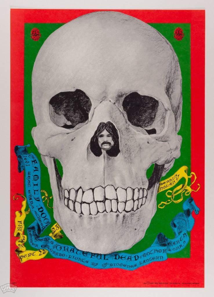 1967 FD-82 Grateful Dead Denver Poster: The Grateful Dead played a pair of shows at the short-lived Family Dog Venue in Denver Colorado in 1967. This advertisement for said event is a real sleeper among Dead posters. It features skull image