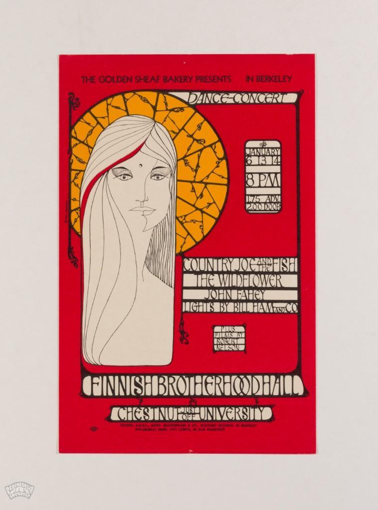 1967 AOR-2.270 Country Joe & The Fish Berkeley Handbill: This attractive handbill was designed to advertise Country Joe & The Fish at Finnish Brotherhood Hall in Berkeley, CA. It features the same excellent artwork as the original poster for just a frac