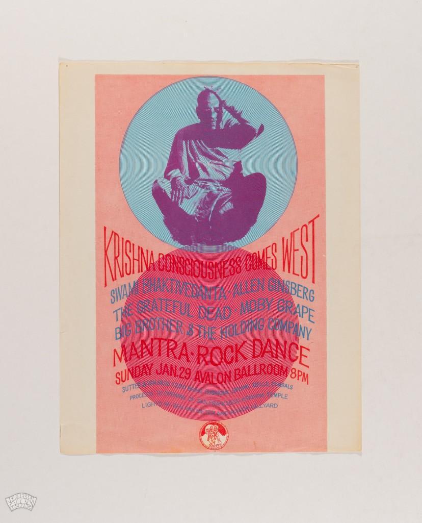 1967 AOR-2.18 Grateful Dead Avalon Ballroom Handbill: This handbill created for a benefit for the San Francisco Krishna Temple featured performances by The Grateful Dead Big Brother Moby Grape and readings by famed beat poet Allen Ginsburg. Handbills suc