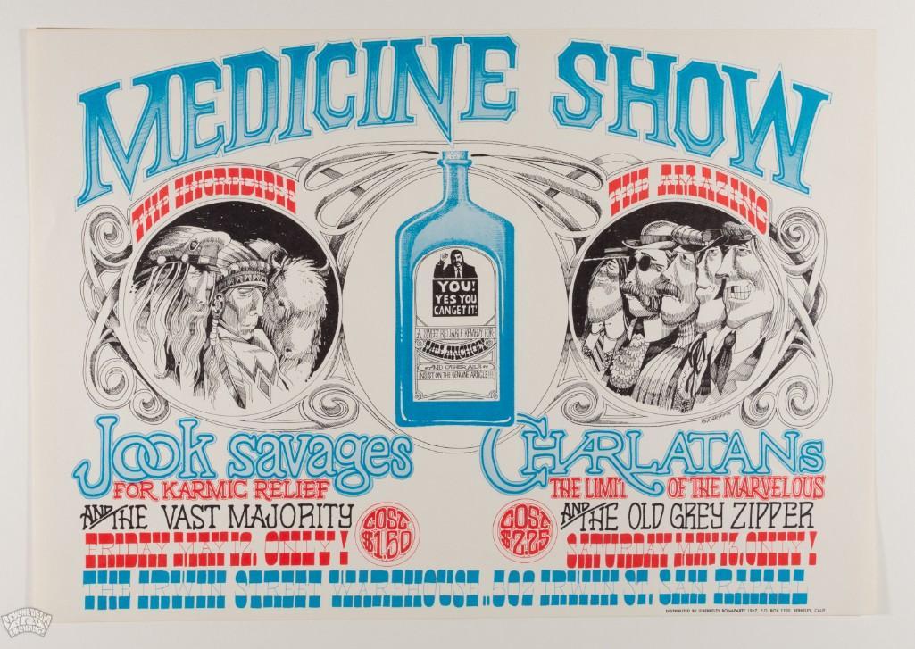 1967 AOR-2.300 Charlatans Irwin Street Poster: Original First Printing Rick Griffin posters always enjoy top demand and this spectacular Medicine Show issue produced for The Charlatans in 1967 will be no different. An amazing poster in high grade 