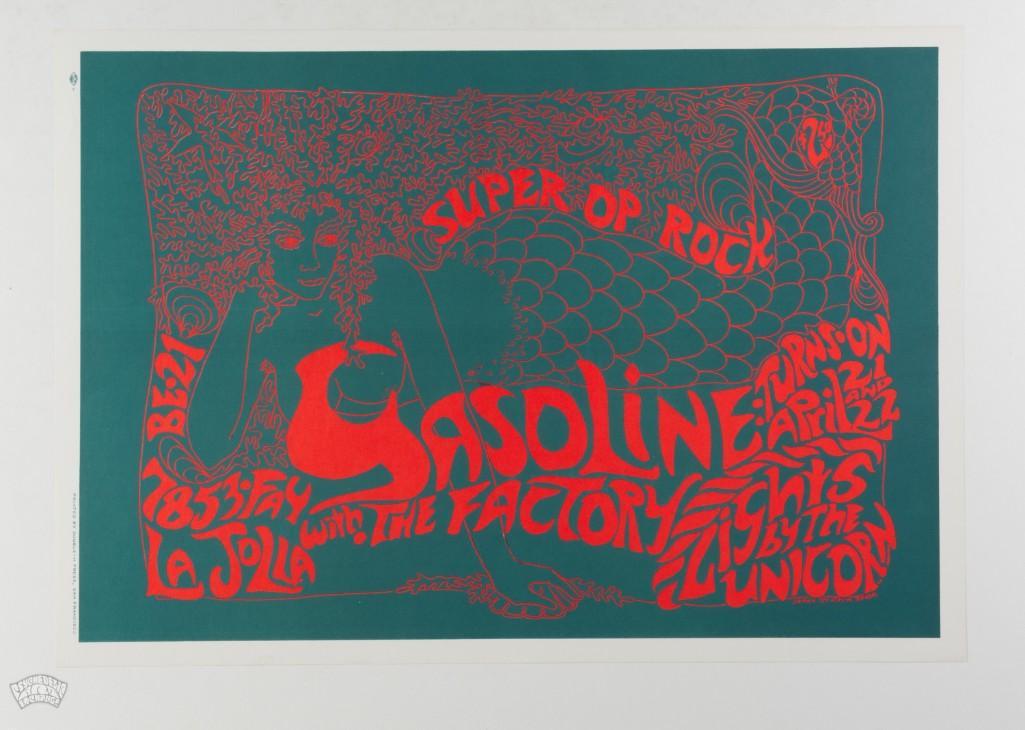 1967 The Factory Lowell George La Jolla Poster: This poster was designed by Evelyn Berdel and printed by Double-H Press in San Francisco to promote the late, great Lowell George's first band, The Factory in April 1967! If you are as much of a L
