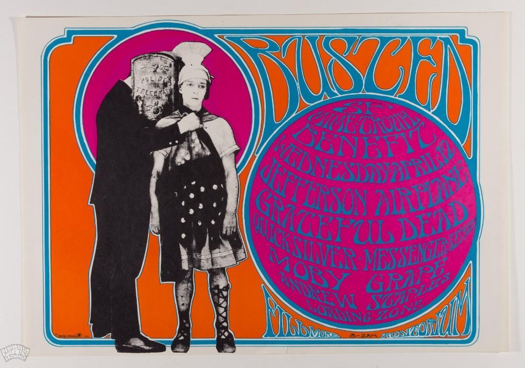 1967 AOR-2.71 Jefferson Airplane Fillmore RP Poster: Here we have a super popular and historic poster that is featured in The Art of Rock! This beautiful Second Printing RP-2 of this Stanley Mouse Busted features a colored design, unlike the original fi