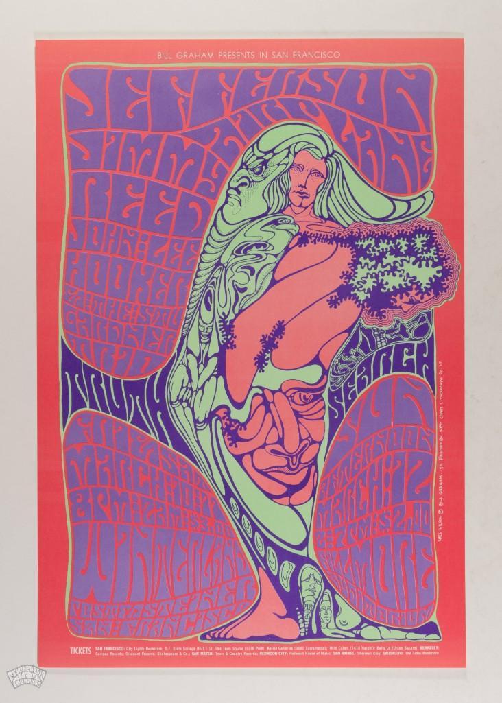 1967 BG-54 Jefferson Airplane Winterland Poster: Another early poster from the first year of Bill Graham at The Fillmore. Classic band, classic Wes Wilson design, classic venue, beautiful condition, and affordable price. Exciting opportunity! --CRIT