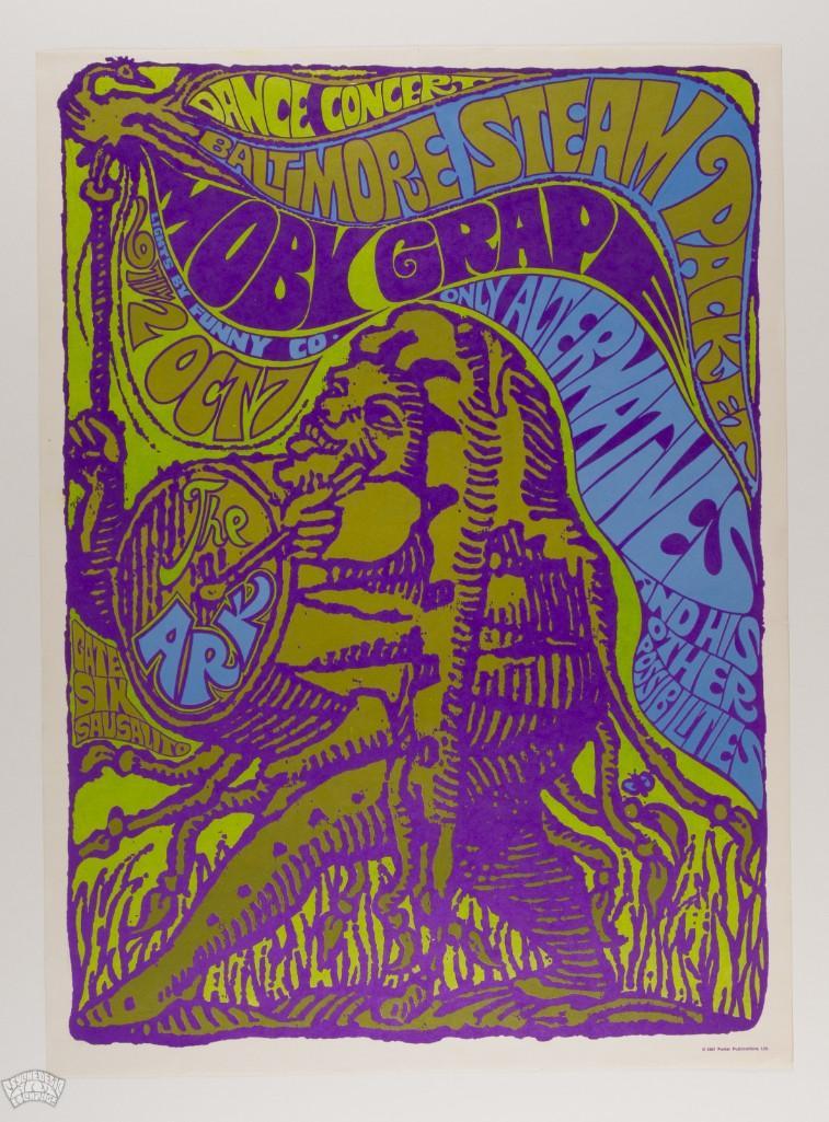 1967 Moby Grape The Ark RP2 Poster: This post concert second printing poster was designed for a 1967 Moby Grape show at the Ark in Sausalito. Baltimore Steam Packet and the Only Alternative & His Other Possibilities were in support.