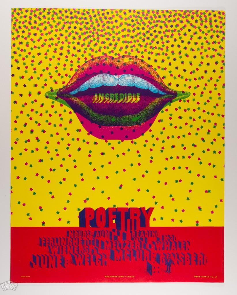 1968 NR-24 Moscoso Poetry Nourse Auditorium Poster: The NR-24 by Victor Moscoso produced for Incredible Poetry at the Nourse Auditorium is a difficult 1967 Neon Rose series poster to locate. The Nourse was a beautiful venue located at 275 Hayes Street 