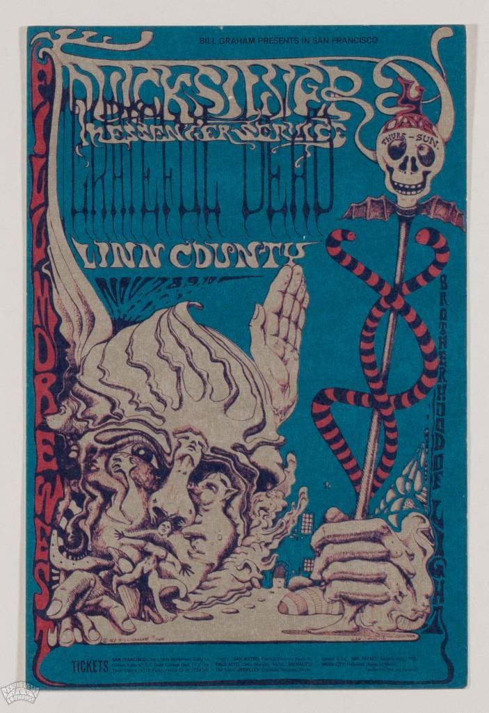 1968 BG-144 Grateful Dead Fillmore West Postcard: This postcard offers the same popular and iconic art for far less than a First Print currently commands! This Grateful Dead card from the pen of Lee Conklin is drippy and surreal, as is much of this a
