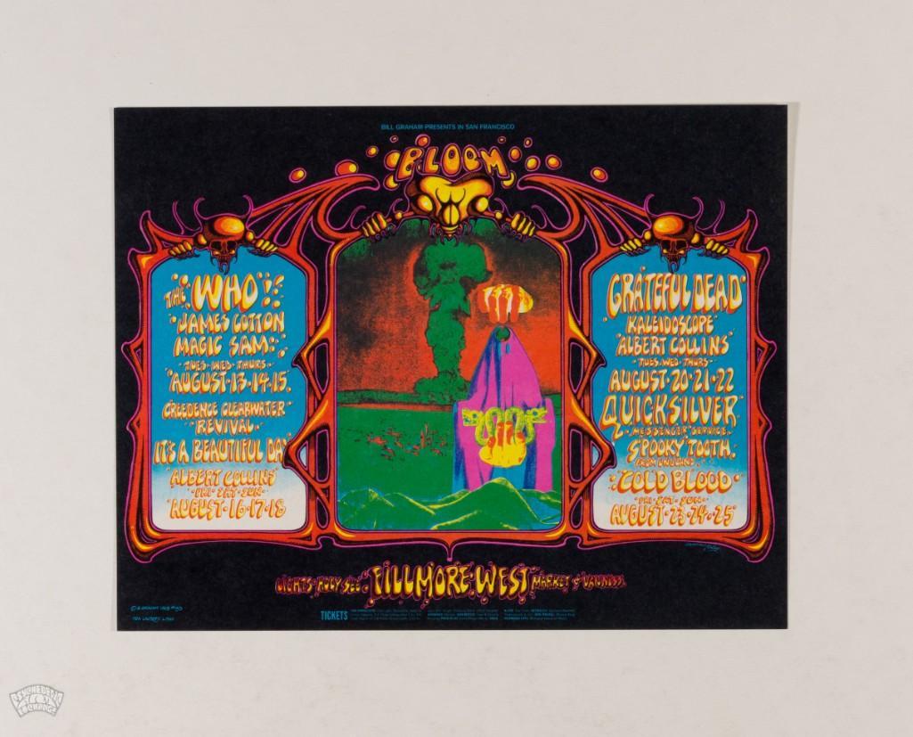 1968 BG-133 Grateful Dead The Who Postcard: This Fillmore postcard showcases a famous collaboration between Rick Griffin and Alton Kelley. The image was created to promote several weeks of shows in the summer of 1968. The month's lineup inc