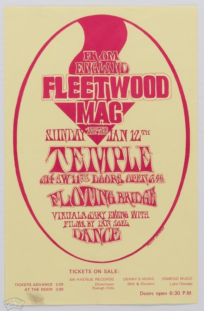 1969 Fleetwood Mac Elks Temple Portland Handbill: This rare Fleetwood Mac handbill advertised the band's appearance at Elks Temple in Portland, Oregon on January 12th, 1969. Founding member and guitarist Peter Green was still in the band at this 