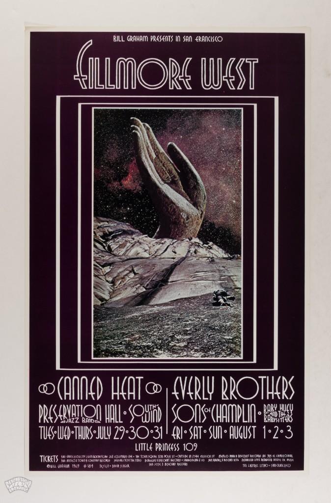 1969 BG-184 Canned Heat Fillmore West Poster: Canned heat, Preservation Hall Jazz Band, The Everly Brothers, and Sons of Champlin at the Fillmore West in July 1969. A great David Signer poster we don't see that often in our auctions and a gem