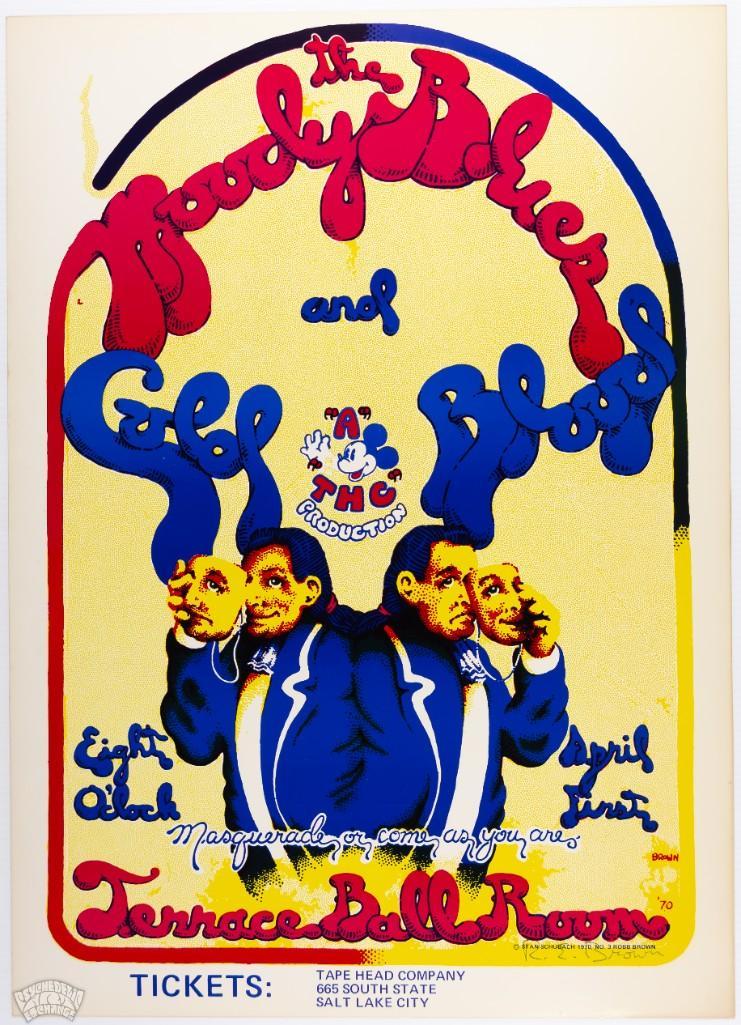 1970 Moody Blues Cold Blood Terrace Signed Poster: This poster is signed by the artist, Robert E. Brown! We have here a striking Moody Blues original poster from Salt Lake City. Artist Robert Brown's work in the 60's appeared in Yellow Dog Co