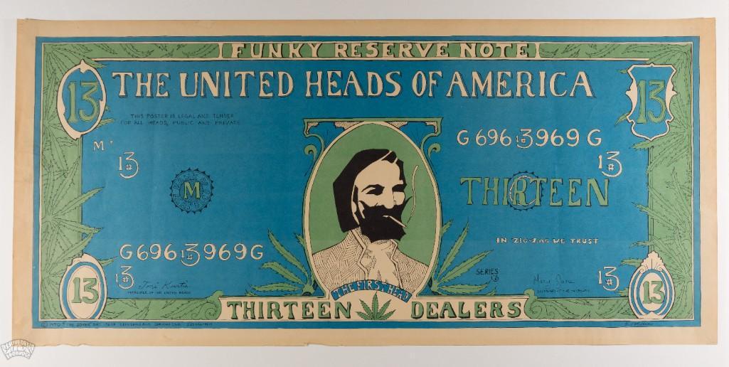 1970 United Heads of America Zig Zag Bill Poster: The Zig-Zag Man rolling paper logo design was a recurring theme used many times in many ways during the late 60s and early 70s. This headshop poster puts the Zig-Zag Man on a thirteen-dollar bill surr