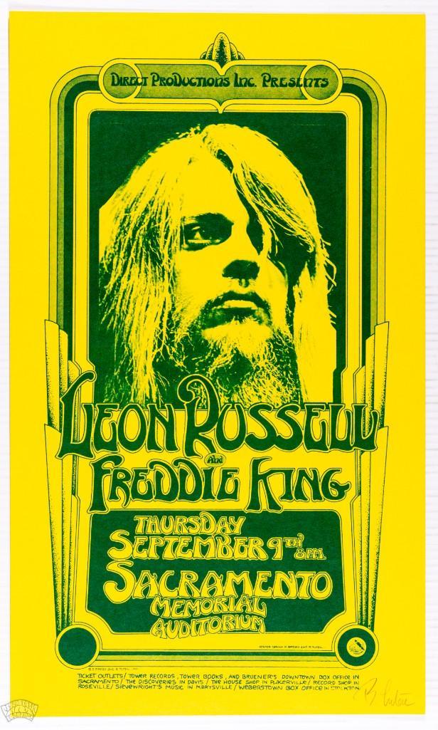 1972 Leon Russell Sacramento Auditorium Signed Poster: This poster is signed by the artist Randy Tuten! This poster designed by Randy Tuten was produced to promote a concert Leon Russel played at Sacramento Memorial Auditorium during the September of 1972