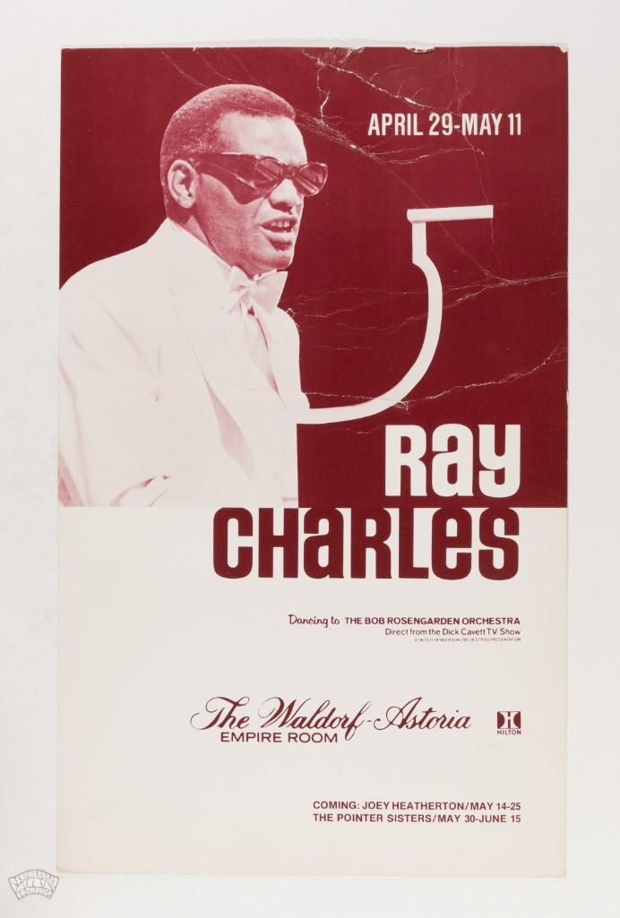1974 Ray Charles The Waldorf Astoria Cardboard Poster: This original cardboard concert poster was created for the legendary Ray Charles' string of shows at the Empire Room at the Waldorf Astoria in New York City that took place from April 29th- May 11