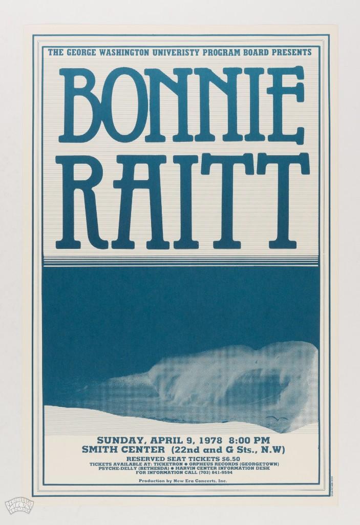 1978 Bonnie Raitt George Washington Univ Poster: This original Bonnie Raitt poster advertises the blues singer's April 1978 show at the Smith Center at George Washington University in Washington DC. Raitt is widely considered to be one of the gr
