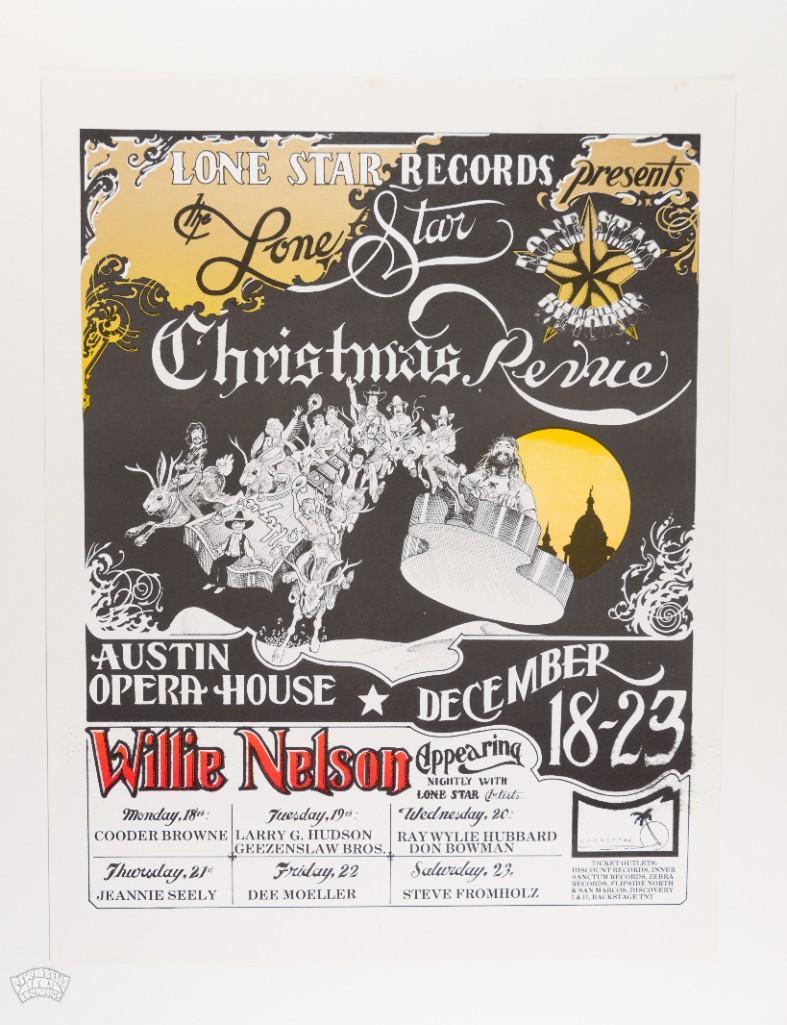 1978 Willie Nelson Christmas Revue Austin Poster: This poster advertised the Lone Star Christmas Revue featuring Willie Nelson, Cooder Browne, and Dee Moeller. The event occurred at The Austin Opera House on December 18th, 1978. Condition details: T