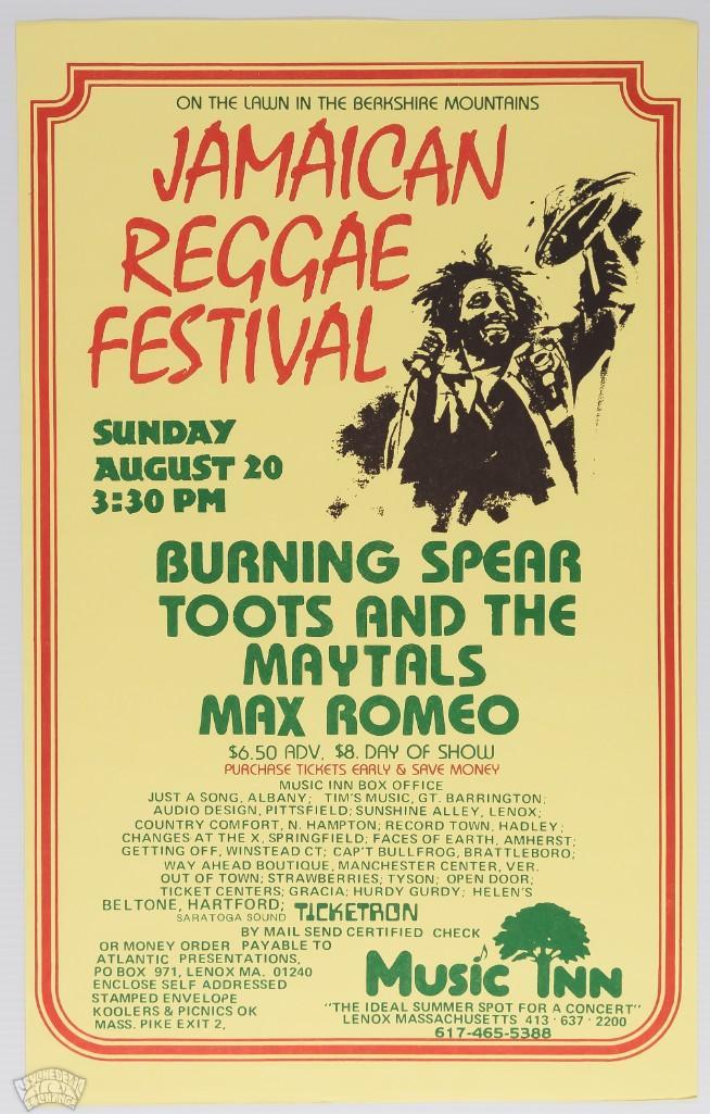1978 Burning Spear Jamaican Reggae Festival Poster: The east coast 1978 Jamaican Reggae Festival was held on the lawn of the Berkshire Mountains in Lenox, Massachusetts. The festival was headlined by Toots and the Maytals and Burning Spear. --CRITICAL 