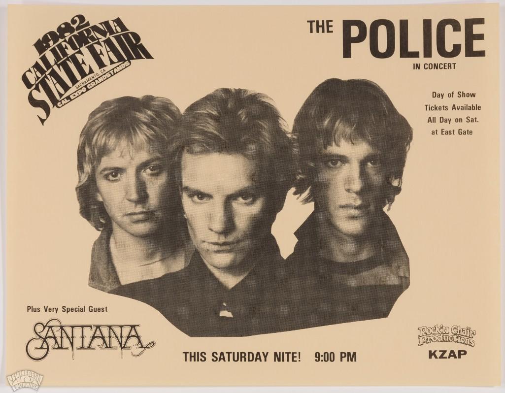 1982 The Police Santana Cal Expo Handbill: A fantastic twin lineup is showcased on this original handbill. The Police were in the middle of their massive Ghost in the Machine tour which included North & South America as well as 28 dates in