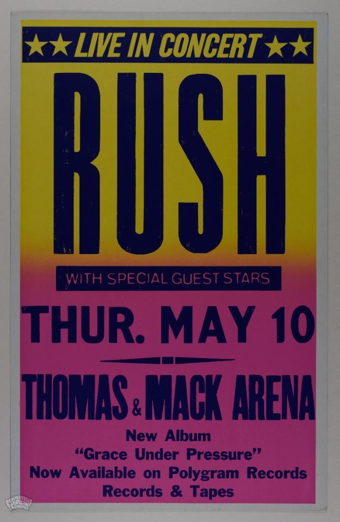1984 Rush Thomas Mack Las Vegas Cardboard Poster: This awesome and rare cardboard concert poster was produced for the legendary power trio Rush appearing at the Thomas & Mack Arena in Las Vegas during spring of 1984. This was part of their Grace 
