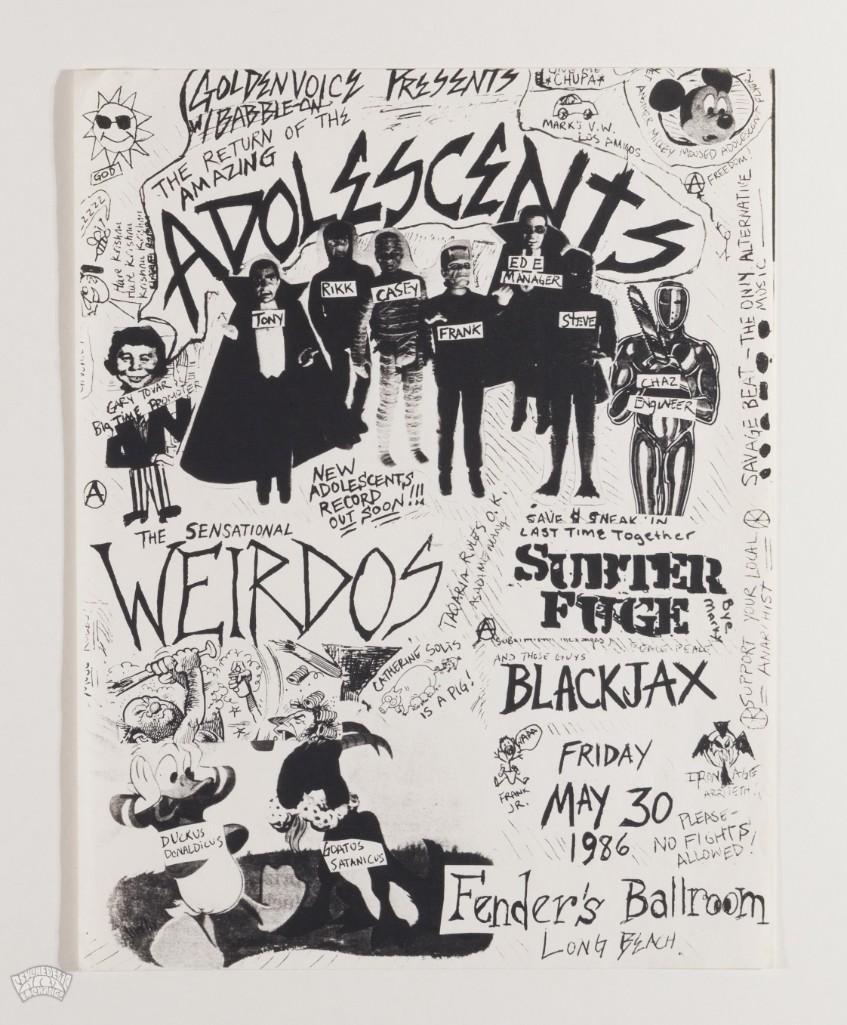 1986 The Adolescents Fender's Ballroom Flyer: This punk flyer from May 1986 advertised California bands The Adolescents, The Weirdos, Subter Fuge, and Blackjax performing at Fender's Ballroom in Long Beach, CA. In true punk flyer fashion, the