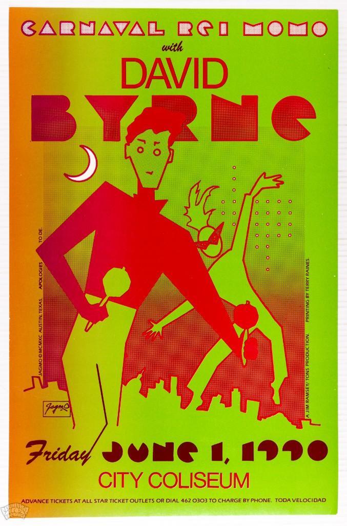 1990 David Byrne City Coliseum Austin Poster: This poster advertises the Talking Heads frontman David Byrne at an Austin City Coliseum show in 1990 supporting his debut solo studio album Rei Momo. This is the first appearance of this rare poster