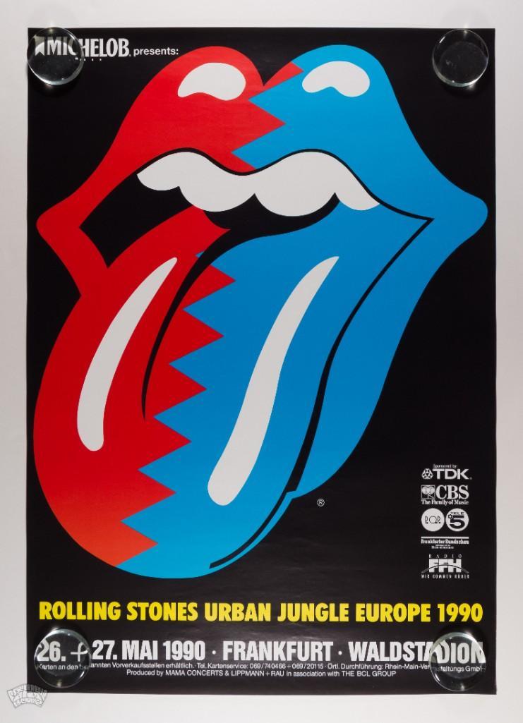 1990 Rolling Stones Urban Jungle Germany Poster: This poster advertised a pair of Rolling Stones shows in Frankfurt, Germany at Waldstadoin in May 1990. The classic Rolling Stones tongue logo is the central image. This is the first time this poster