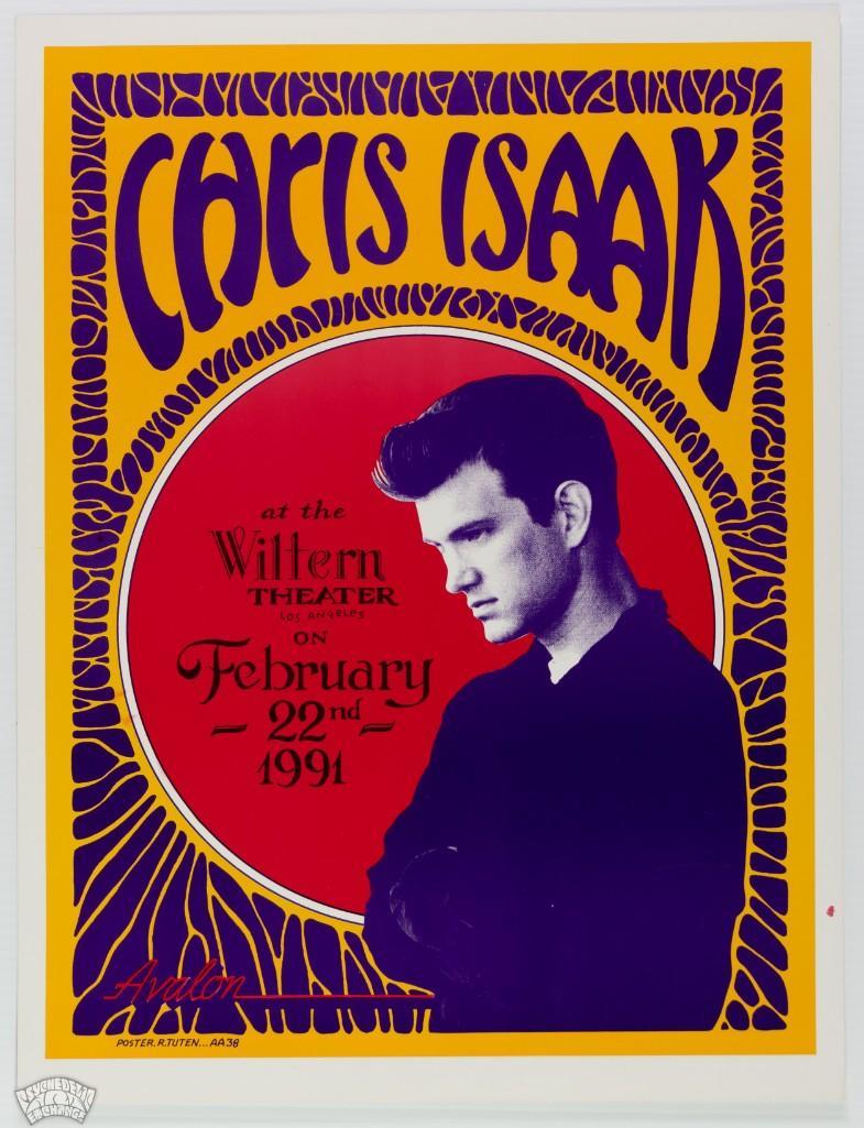 1991 Chris Isaak Wiltern Theatre Poster: This Randy Tuten issue was produced for Chris Isaak's appearance at the Wiltern Theatre in Los Angeles on February 22, 1991. This is the first time it is appearing in our auction! 100% original wi