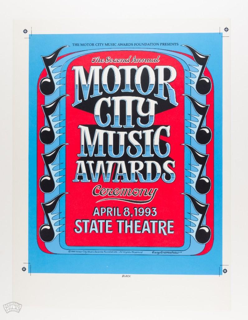 1993 Gary Grimshaw Motor City Music Awards Proof Poster: This printer's proof poster by famed Detroit artist Gary Grimshaw advertises the 1993 Motor City Music Awards ceremony in Detroit. This is the first time it is appearing in our auction! --CRITICAL