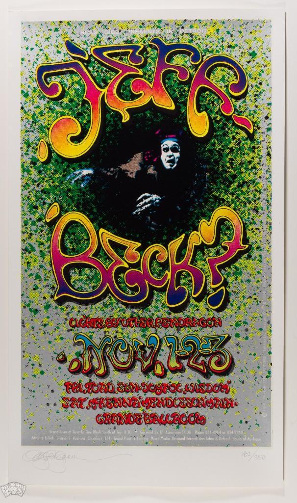 1994 AOR-3.155 Jeff Beck Grande Signed LE Poster: This limited-edition commemorative print is numbered 182/350 and signed by the artist, Carl Lundgren! This commemorative poster was produced in 1994 and recreated a piece produced by Carl Lundren for 