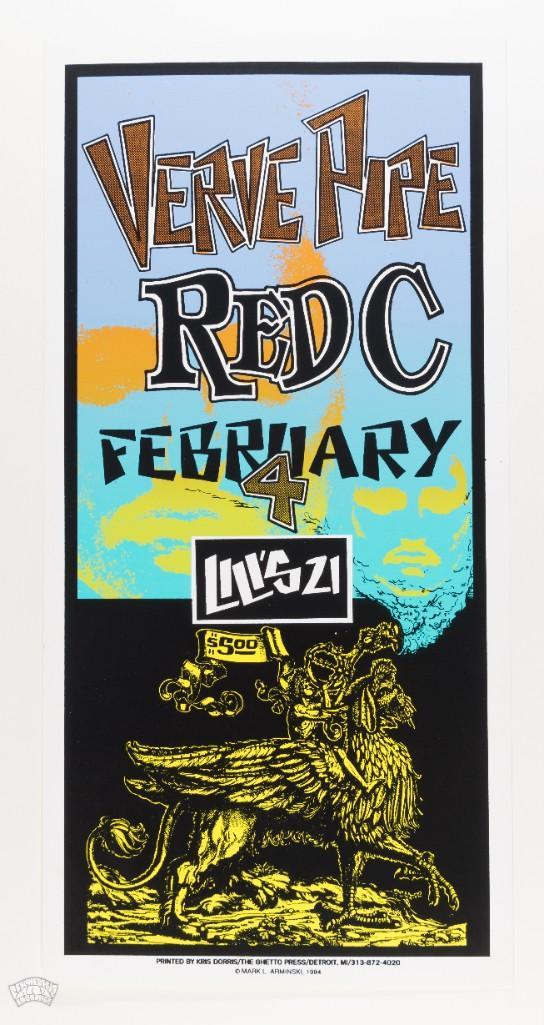 1994 Mark Arminski The Verve Pipe Detroit Poster: This poster was created by artist Mark Arminski for Verve Pipe and Red C and Lili's 21 in Detroit on February 4th, 1994. Arminski is one of the most talented and sought-after of modern-era artists