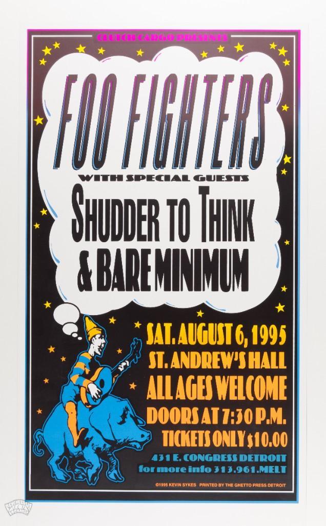 1995 Kevin Sykes Foo Fighters St Andrew's Hall Poster: Dave Grohl's Foo Fighters formed in 1994 after the death of Kurt Cobain and subsequent disbanding of Nirvana. This poster was created for a Foo Fighters show that occurred the following year, whic