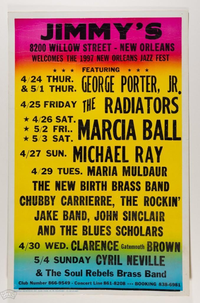 1997 Radiators New Orleans Jazz Fest Cardboard Poster: This poster advertised a string of performances at New Orleans venue Jimmy's during the 1997 Jazz Fest. Performers included George Porter Jr., The Radiators ,Marcia Ball, and more! --CRITICAL DET