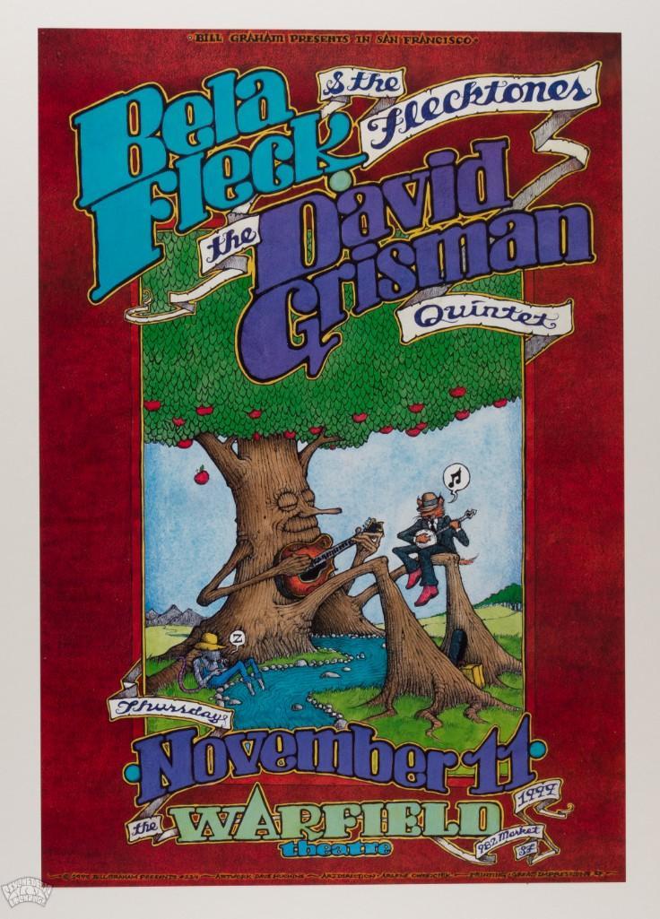 1999 BGP-224 Bela Fleck Warfield Theatre Poster: Banjo wizard Bela Fleck was joined by the great David Grisman at this Warfield concert in 1999. David is one of the most beloved mandolin players on the planet. His decades-long friendship with Jerry 