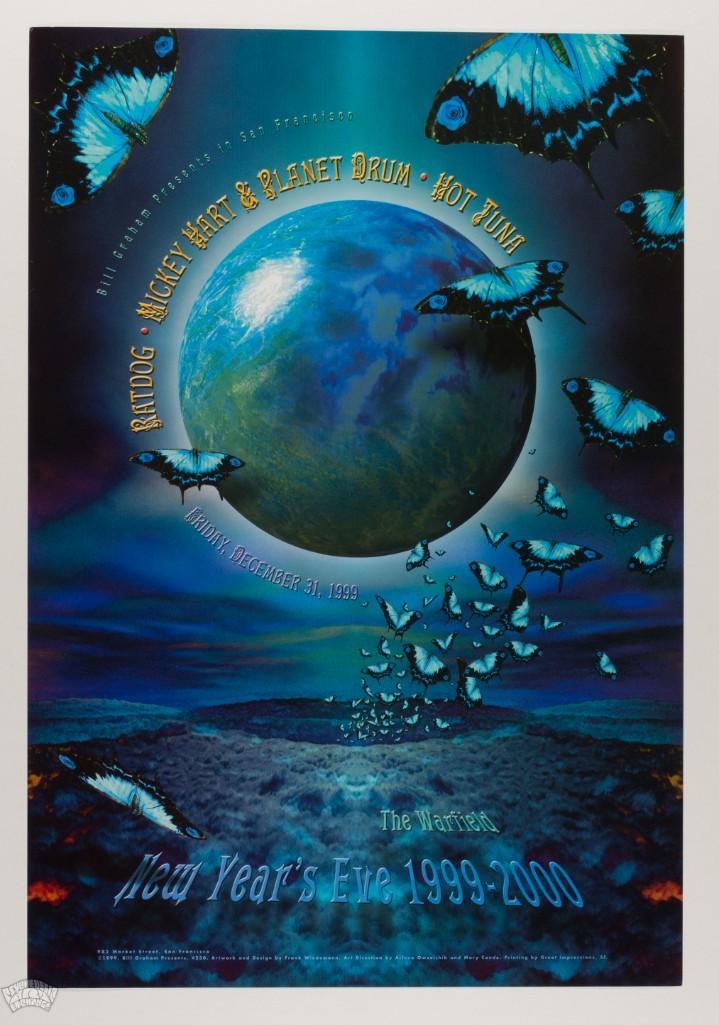 1999 BGP-230 Hot Tuna Warfield Theater Poster: This Bill Graham Presents issue from New Years Eve 1999 was designed for Ratdog, Mickey Hart and Planet Drum, and Hot Tuna playing at the Warfield Theater. This is the first time it is appearing in ou