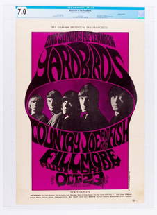 1966 BG-33 The Yardbirds Fillmore Poster 7: This John H. Myers design uses a photograph by Gered Mankowitz of the highly influential British blues band as the central image for this early Bill Graham poster. This 1966, pre-concert first