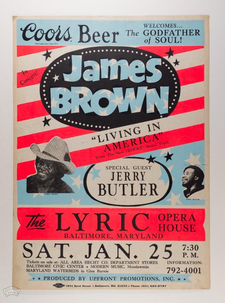 1986 James Brown Baltimore Globe Cardboard Poster: Here we have a cardboard poster created for James Brown's appearance at the Lyric Opera House in Baltimore, MD on January 25th, 1986! The piece was printed by Baltimore's own Globe Poster. Fro