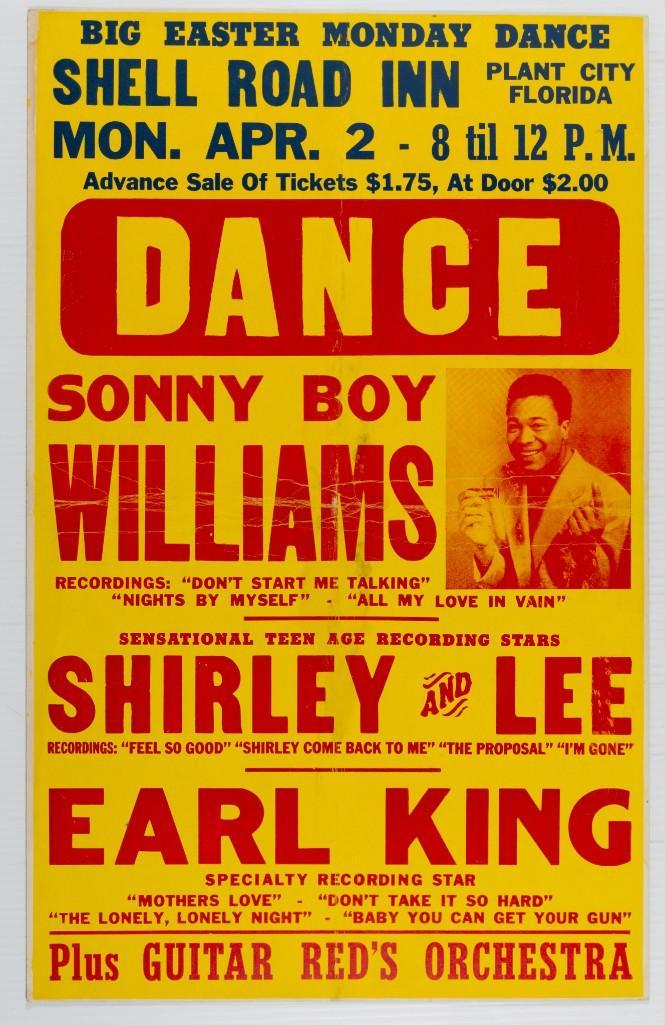 1956 Sonny Boy Williamson Shell Road Inn Cardboard Poster: This original cardboard poster is a real slice of southern delta blues history! The concert on April 2nd, 1956 featured the great blues harp master Sonny Boy Williamson at the Shell Road Inn in Plant 