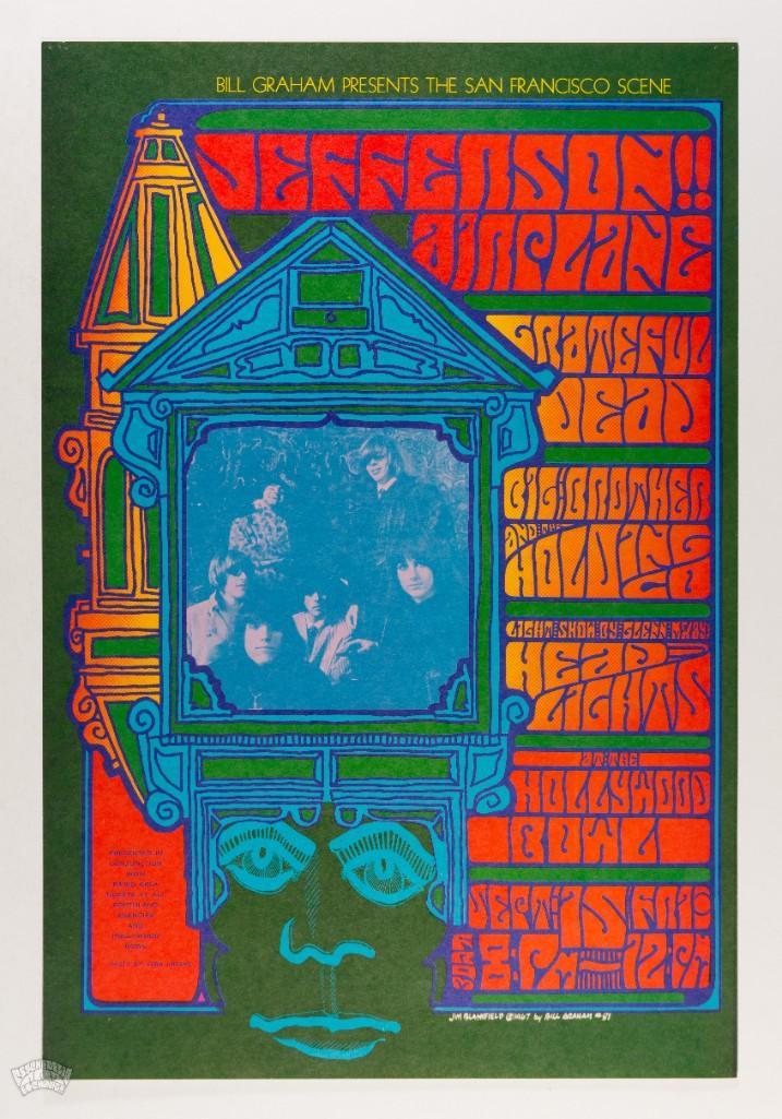 1967 BG-81 Jefferson Airplane Hollywood Bowl Poster: There is no better San Francisco lineup to appear on a single poster. The Dead Big Brother and The Airplane: the three bands traveled down south to invade L.A. An amazing poster! Condition: 4 pinhole