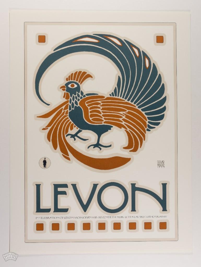 1977 David Lance Goines Levon Mosgofian Poster: This piece was designed by poster artist David Lance Goines in celebration of Levon Mosgofian's 70th birthday. Levon Mosgofian was a successful printer and the owner of Tea Lautrec Litho. 100% ori