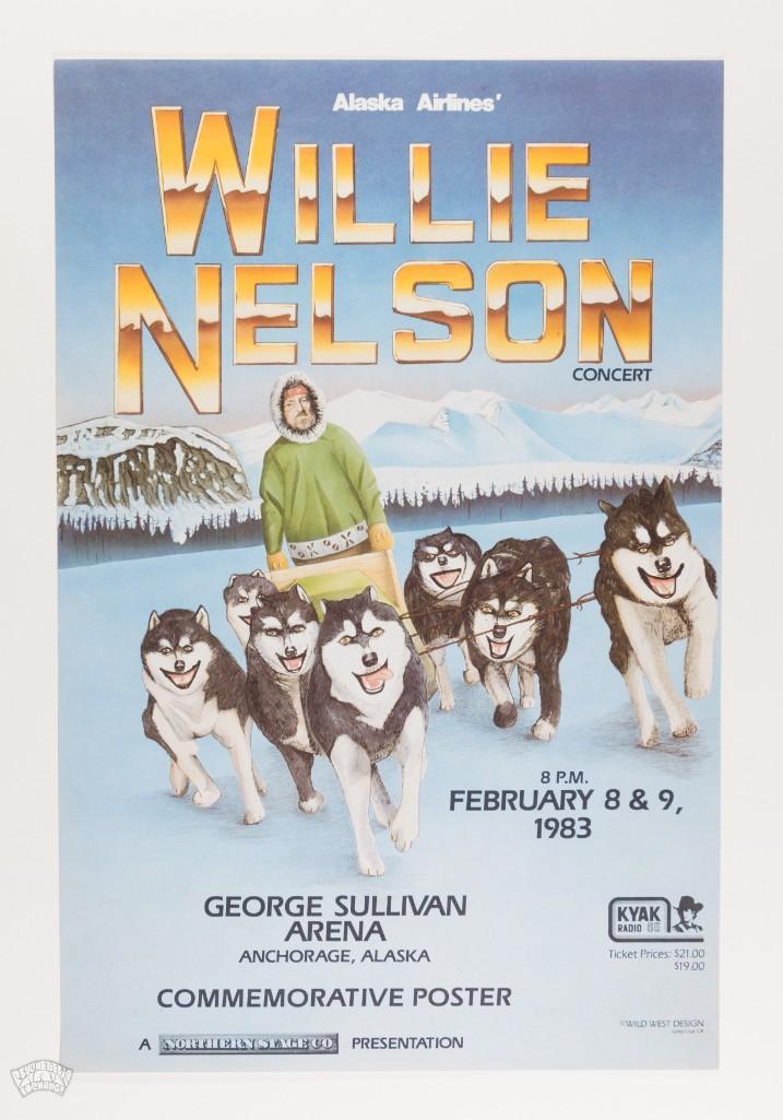 1983 Willie Nelson George Sullivan Arena RP Poster: This commemorative poster celebrates Willie Nelson's appearance at the George Sullivan Arena in Anchorage, Alaska in February 1983. This poster was likely sold and distributed as merch at the venu