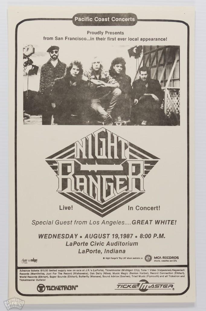 1987 Night Ranger LaPorte Civic Auditorium Poster: This poster advertised San Francisco band Night Ranger playing at LaPorte Civic Auditorium in LaPorte, Indiana on August 19, 1987. Great White also joined the bill as a supporting act. This is the FIR