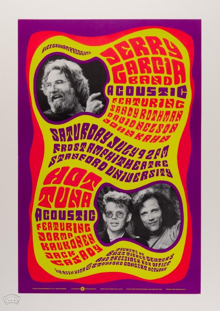 1988 BGP-23 Jerry Garcia Band Hot Tuna Poster: This original poster is from Garcia's brief Almost Acoustic run in 1988 with old friends David Nelson John Kahn and Sandy Rothman. Also on the bill is Hot Tuna. The Country Blues/Rock phenomenon H