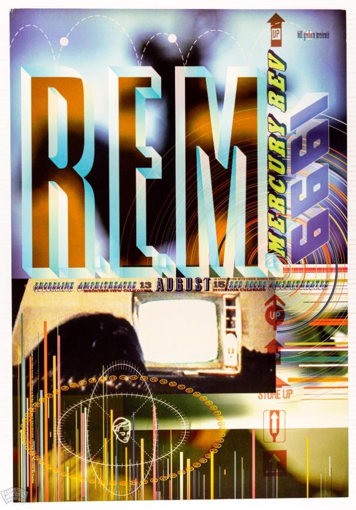 1999 R.E.M. Shoreline Amphitheatre Poster: These R.E.M. shows were part of the band's 1999 summer concerts promoting their recently released album "Up". The record was their first as a trio after the departure of original drummer B