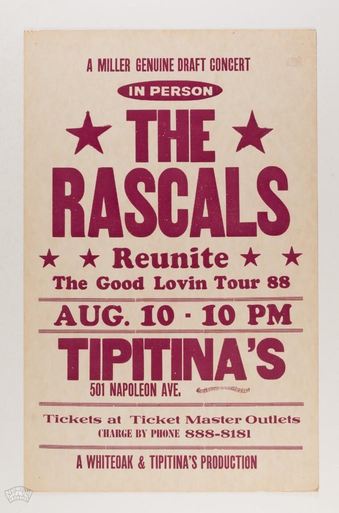 1988 Rascals Tipitina's New Orleans Cardboard Poster: This cardboard poster was created for The Rascals performing at Tipitina's in New Orleans on August 10th, 1988. This was a stop on their reunion tour, the Good Lovin tour. The Young Rascals were a