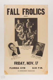 1961 The Highwaymen University of Florida Poster: This cardboard poster from November 1961 advertised The Highwaymen, Joe Jones, and Woody Woodbury at the University of Florida in Gainesville. It should be noted that this was NOT the Highwaymen group