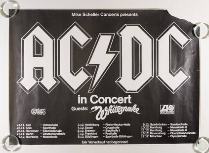 1980 AC/DC Whitesnake Germany Tour Poster: This poster was created for AC/DC's tour of Germany in the Winter of 1980 with Whitesnake. Condition details: missing top right corner, creases, tears, edgewear --CRITICAL DETAILS-- 